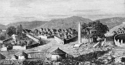 Aksoum (Aksoum), religijna stolica Etiopii, około 1850 r. Z rysunku odkrywcy Gustavo Bianchi.