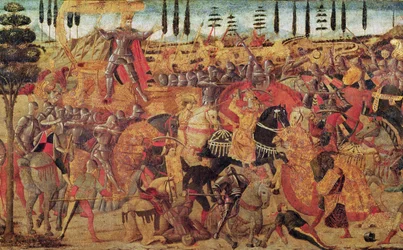 Bitwa między Dariuszem (399-330 pne) a Aleksandrem Wielkim (356-323 pne) (olej na panelu)