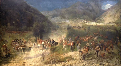Bitwa pod Bezzecca: ochotnicy Giuseppe Garibaldiego walczą z Austriakami 21.07.1866. Muzeum Risorgimento. Mediolan.
