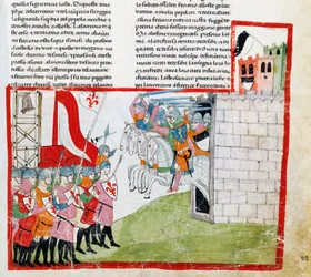 Bitwa pod Montaperti, miniatury Pacino di Buonaguida (ok. 1280-przed 1340) z Nuova Cronica, Giovanni Villani, rękopis Chigiano L VIII 296