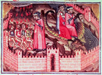Canto XVII Czterej Sodomici: Dante i Wergiliusz jadą na grzbiecie Geriona do Kręgu Oszuści, z Boskiej Komedii (Piekło), ok. 1313