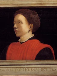 Cassone z 5 portretami mistrza florenckiego renesansu detalu z portretem Manetti Rutilio di Lorenzo (1571-1639). Szkoła włoska XVI wieku. Poniższy napis prawdopodobnie jest kolejny. Muzeum Luwru w Paryżu.