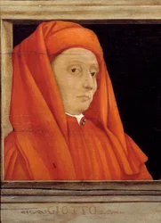 Cassone z 5 portretami mistrza florenckiego renesansu, detal z portretem Bondone Ambrogio dit Giotto di Bondone (ok. 1267-1337), Szkoła włoska XVI w., olej na drewnie. Poniższy napis prawdopodobnie jest kolejny. Muzeum d