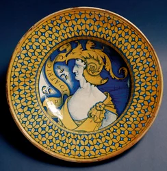 Ceramiczny talerz zdobiony przedstawieniem Scypiona Afrykańskiego (185-129 p.n.e.), wykonany w Derucie we Włoszech. Około 1520. Florencja, Museo Nazionale del Bargello