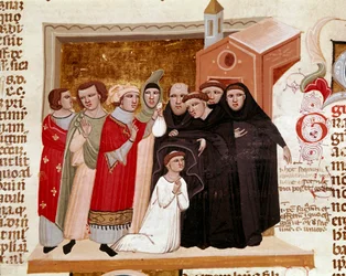 Ceremonia habitu miniaturowego mnicha z „Decret de Gratien” („Concordia discordantium canonum” lub „Decretum Gratiani”) z 1140 r. regulująca prawa i kanony Kościoła rzymskokatolickiego. Siena z XIV wieku, Biblioteca degli Intronati