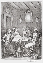 Chiaqlira czytająca bajki na przyjęciu szwalniczym, przednia okładka Pentameronu Giambattisty Basile, 1742