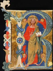 Chrystus Odkupiciel - inicjał R z wielkoformatowego iluminowanego rękopisu, ok. 1380