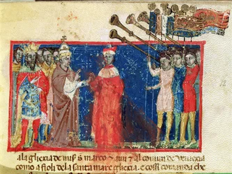 Codex Correr I 383 Doge Sebastiani Ziani otrzymuje petycję od papieża Aleksandra III (1159-81) i cesarza Fryderyka Barbarossy (ok.1123-90)