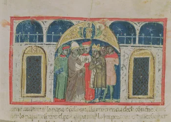 Codex Correr I 383 Pokój między papieżem Aleksandrem III (1159-81) a cesarzem Fryderykiem Barbarossą (ok. 1123-1190) na placu św. Marka (welin)