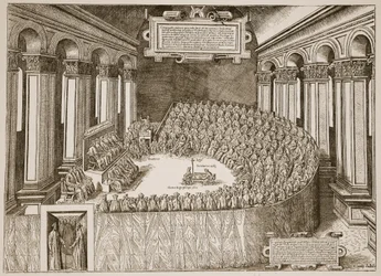 Sobór Trydencki, 1563, z akwaforty opublikowanej w Wenecji w 1565, ilustracja z The Church of England: A History for the People autorstwa H.D.M. Spence-Jones, wyd. ok. 1910 (zdjęcie w sepii)