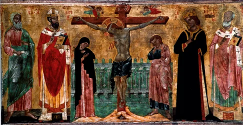 Ukrzyżowanie i święci Obraz na drewnie autorstwa anonimowego artysty szkoły bizantyjskiej Veneto. Ciemny. 61x113 cm Wenecja, Museo Correr, nr. 381