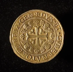 Waluta Republiki Genów: 12,5 złota podwójna moneta. Średnica 61 mm. 1656. przód. Muzeum Genów Strada Nuova (inw. 6456)