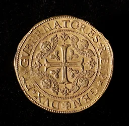 Waluta Republiki Genów: 20 podwójnych złota. Średnica 58 mm. 1645. Przód. Muzea genów Strada Nuova (inv, M7097)