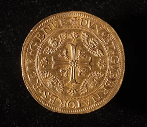 Waluta Republiki Genów: 25 złotych podwójnych monet. Średnica 52,5 mm. 1694. Przód. Muzeum Genów Strada Nuova (inw. 6457)