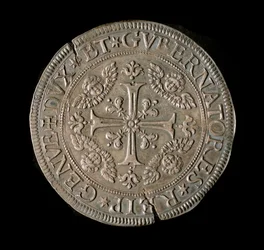 Waluta Republiki Genów: szeroka ECU w srebrze. Śr. 61 mm. 1693. przód. Genes Musei di Strada Nuova (inv, M7135)