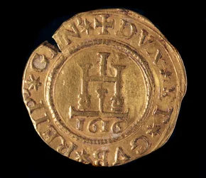 Waluta Republiki Genów: złota kwadrupla z portalem do Genui. Średnica 32 mm. 1616. przód. Genes Musei di Strada Nuova