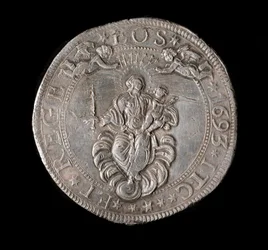 Waluta Republiki Genów: srebrna moneta 5 ecu. Śr. 61 mm. 1693. Powrót. Genes Musei di Strada Nuova