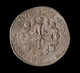 Waluta Republiki Genów: srebrna moneta 5 ecu. Śr. 61 mm. 1693. Przód. Genes Musei di Strada Nuova