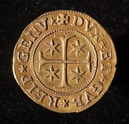 Waluta Republiki Genów: pięć złotych monet podwójnych. Średnica 41 mm. 1642. Przód. Muzea genów Strada Nuova