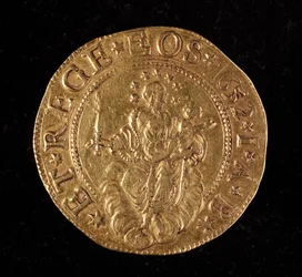 Waluta Republiki Genów: pięć złotych monet podwójnych. Średnica 41 mm. 1652. Powrót. Muzea genów Strada Nuova