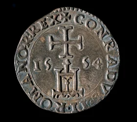 Waluta Republiki Genów: srebrny teston (lub teston) Błogosławieństwa. Przód przedstawiający portal Genui pod krzyżem. 1554 Genes, Musei di Strada Nuova