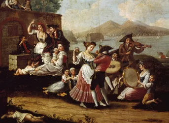 Scena tańca i ludowe święto w Neapolu. Tancerze taranteli (tarantela, tarantela). Obraz anonimowy. XVIII wiek, Neapol, Museo Nazionale di San Martino