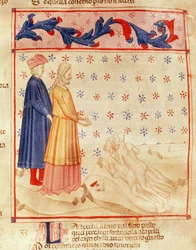 Dante i Wergiliusz (70-19 p.n.e.) odkrywają hrabiego Ugolino, z "Boskiej komedii" Dantego Alighieri (1265-1321) (pergamin)
