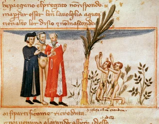 Dante i Virgil spotykają Forese de Donati z żarłocznym (pieśń 23 z czyśćca, w Boskiej komedii) - miniatura