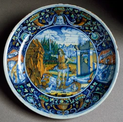 Triumf Dawida nad Goliatem. Ceramiczny talerz wykonany w Faenzy we Włoszech. Około 1507, Florencja, Museo Nazionale del Bargello
