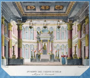 Dekoracja do opery La Semiramide Christopha Glucka (1714-1787) (projekt scenografii do opery La Semiramide Ch. Glucka). Litografia w kolorach, anonimowa, ok. 1790 r. Sztuka włoska, wystrój teatralny. Państwowe Muzeum Sztuki Teatralnej i Muzycznej w Petersb