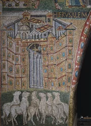 Fragment Sceny pierwszego przyjścia Chrystusa i Dzieciństwa Jezusa, mozaika z łuku triumfalnego bazyliki Santa Maria Maggiore, Rzym, Włochy, V wiek