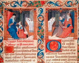 Lekarz operujący czaszkę pacjenta (trepanacja czaszki). Przedstawienie świętych Kosmy (Come lub Cosimo) i Damiana, lekarzy. Miniatura z rękopisu „Statuto della Confraternita dei Santi Cosma e Damiano”. Włoska sztuka gotycka XVI wieku