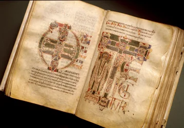 Podwójna strona rękopisu liturgicznego z XI wieku. (Ms.B 8, folii 170v. 171r.) Z Sant