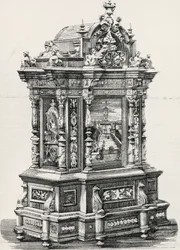 Szafka z hebanu z intarsjami autorstwa stolarza Alessandro Monteneri z Perugii (aktywny XIX-XX w.), ilustracja z włoskiej wystawy w 1881 r. w Mediolanie, Włochy