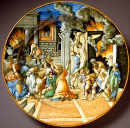 Eneasz i jego ojciec Anchizes podczas pożaru Troi. Ceramiczny talerz z Urbino. Około 1560. Muzeum Narodowe Bargello, Florencja