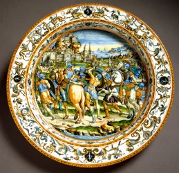 Epizod z życia Juliusza Cezara. Ceramiczny talerz wykonany w Urbino w warsztacie Fontana, Włochy. Około 1550, Florencja, Museo Nazionale del Bargello