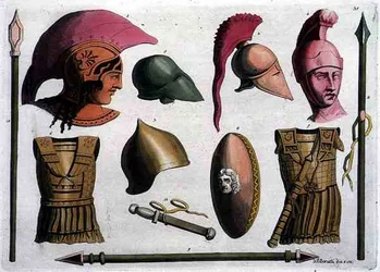 Przykłady Etruscan Arms and Armour, z „Costumi dei Romani”, rytowane przez D. K. Bonattiego, ok. 1805-20 (akwatinta)