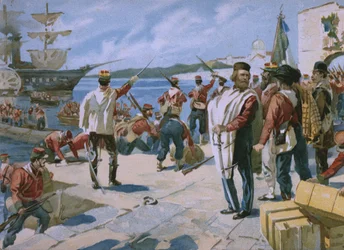 Wyprawa Tysiąca pod dowództwem Giuseppe Garibaldiego, lądowanie w Marsali na Sycylii, 1860, ilustracja z albumu poświęconego historii Risorgimento wykonanego dla czekoladowego Talmone, późn.