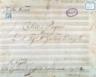 Pierwsza strona partytury z opery „Olivo e Pasquale” Gaetano Donizettiego (tusz na papierze)