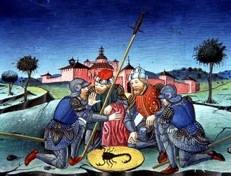 Fol.118v Żołnierze rzucają losy o tunikę Chrystusa (welum)
