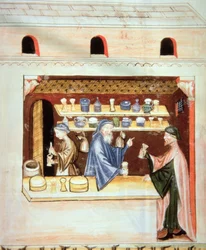 Fol.53v Przygotowanie i sprzedaż tymianku, ilustracja z Tacuinum Santiatis Codex Vindobonensis