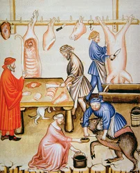 Fol.74v Rzeźnicy: mięso wieprzowe, ilustracja z Tacuinum Santiatis Codex Vindobonensis