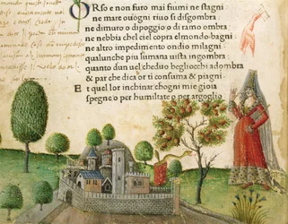 Fol. 17v, „Niedźwiedź, a nigdy rzeki ani stawy”, z „Canzoniere e Trionfi” Petrarki, ok. 1470