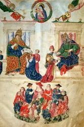 Założenie Uniwersytetu Bolońskiego przez cesarza Teodozjusza II (408-450) oraz przywileje nadane przez papieża Pawła II (1417-71) (welum)