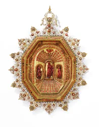 Rama przedstawiająca Matkę Boską, Trapani, początek XVII w. (pozłacana miedź, emalia i koral)