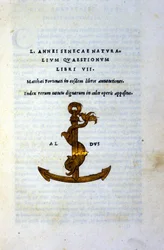 Frontyspicjum "Pytania naturalne Księga VII" lub "Pytania naturalne Księga VII" Seneque filozofa lub Lucjusza Annaeusa Seneki (2 pne - 65 ne). JC), wydrukowana w 1503 r. przez Aldo Manuzio (Alde Manonce) (1450-1515), weneckiego uczonego i drukarza.