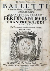 Frontyspis partytury Balletti a tre, opera III Tomaso Albinoniego (1671-1750)