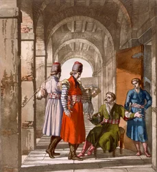 Gruzińscy mężczyźni rozmawiający i palący w arkadzie, ok. lat 1820-30