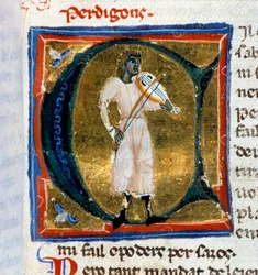 List historyka (litera A). Trubadur z Perdigon grający starca. Miniatura zaczerpnięta z rękopisu „Chansonnier prowansalska” (Folio 36), napisana przez Perdigona i skopiowana przez Atelier of Venice-Padua