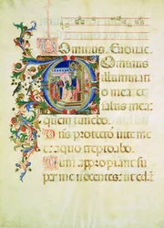 Historyczna inicjał „D” przedstawiający króla Dawida na tronie przemawiającego do grupy mężczyzn (welum)
